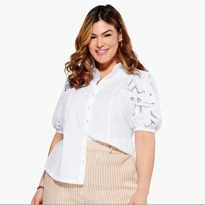 Nic+Zoe Eyelet Embroidered Puff Sleeve Cotton/Span Button Down Blouse - 1X